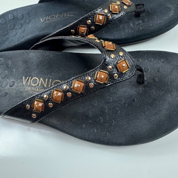 Vionic Floriana Sandals Size 7 Black Beaded Thong Croco Orthotic Comfort Beachy - Picture 5 of 8